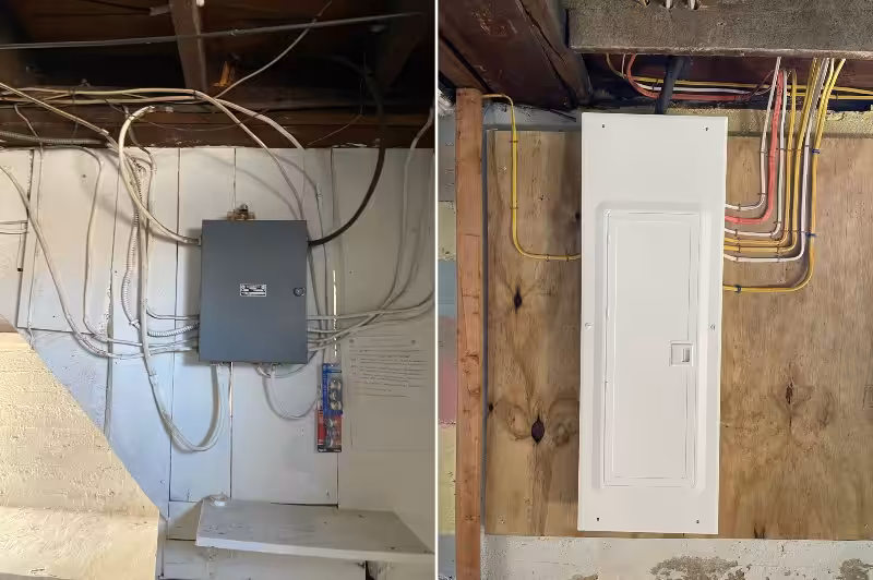 Before-and-after electrical panel replacement with neatly organized wiring. Residential panel upgrade in Somersworth, NH.