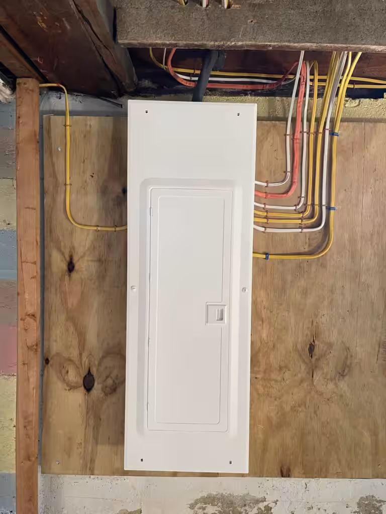 Newly installed electrical breaker panel on plywood backboard after service upgrade in Dover, New Hampshire.