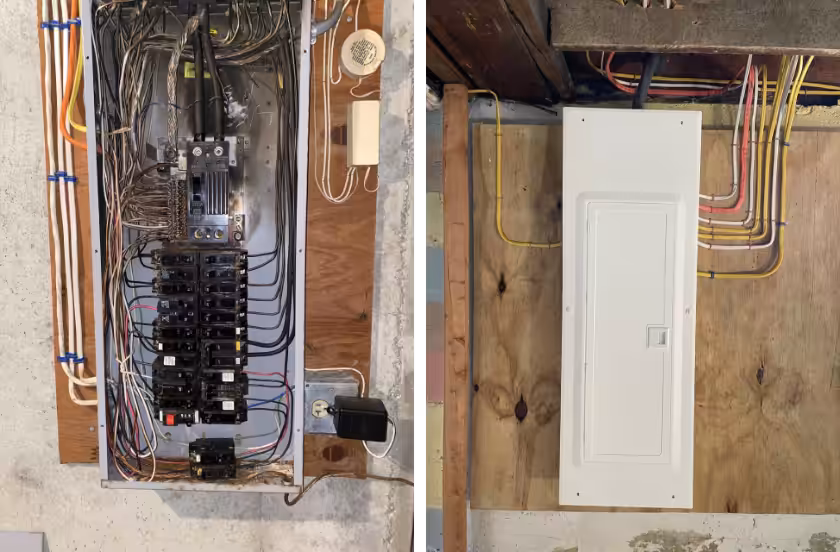 Before and after panel replacement showing burnt damaged panel and clean new breaker panel installation